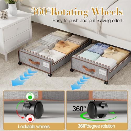 Yecaye 60L Under Bed Storage with Wheels, 2 Pack, Greige | 360° Rolling Wheels, Clear Lids & Label, Reinforced Handle, Rolling Metal Drawers for Clothes, Blankets, Shoes in Bedroom - Image 3
