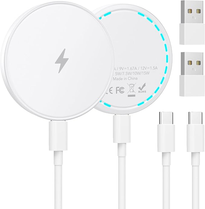 MagSafe Charger 2 Pack 15W Magnetic Wireless Charger Fast Charging Pad | With two 4.2FT USB-C cables and two USB-A to USB-C adapters, compatible with iPhone 17/16/15/14/13/12 and AirPods 4/3/2/Pro by Qntry