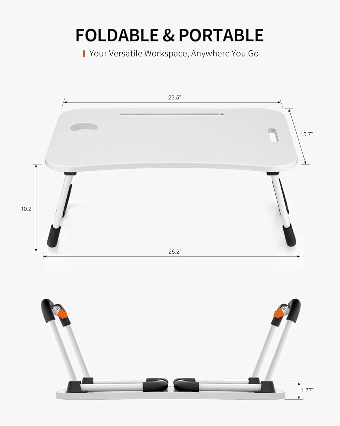 FISYOD Foldable Laptop Table, Portable Lap Desk Bed Table Tray, Laptop Stand with Cup Holder & Tablet Slot & Lifting Handle for Working Writing Drawing & Eating (White) - Image 6
