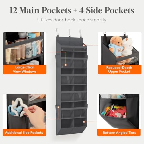 Lifewit 1 Pack Over the Door Organizer, 12 Section Clear Window Hanging Storage with 4 Side Pockets, Sturdy Anti Tilt 40 lbs Load Behind Door for Closet, Bedroom, Bathroom, Nursery, Dorm, Dark Gray - Image 3
