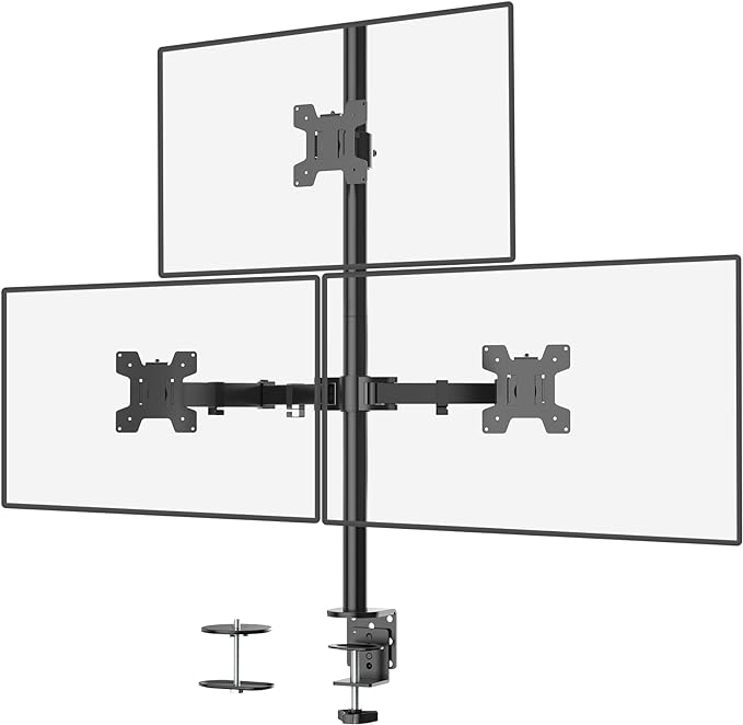 WALI Tall Triple Monitor Mount for 13-27 inch Computer Screens, up to 22lbs | 3 Monitor Desk Mount, Full Motion with Tilt, Swivel, Rotation, C-Clamp/Grommet Mounting, VESA 75/100mm (M003), Black by WALI