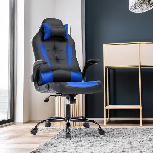 BestOffice | Gaming Chair | Blue | PU Leather | with Lumbar Support | Ergonomic Racing Style Desk Chair with Recline, Padded Armrests, Headrest, Swivel & Caster Wheels | for Gamers, Home, Office - Image 6