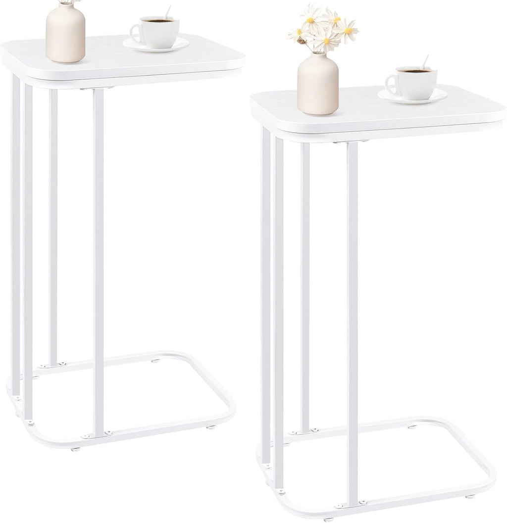 C Shaped End Table Set of 2, Small Side Table for Sofa and Bed, Couch Tables That Slide Under, Tall Tv Tray Table for Living Room, Bedroom, Snow White by KJGKK