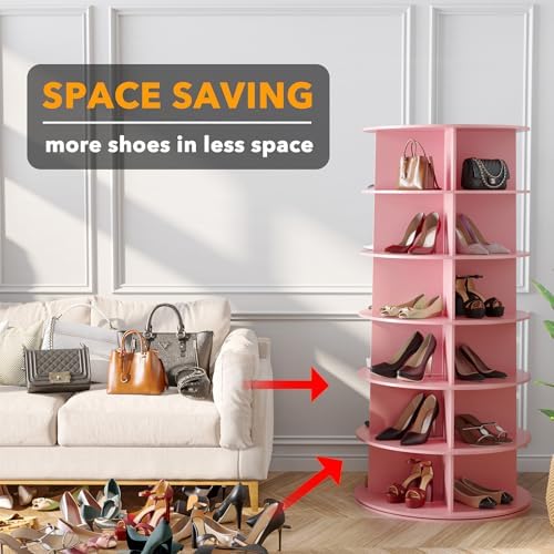 SpaceAid 6 Tier Rotating Shoe Rack Tower, Spinning Shoe Display Lazy Susan, Revolving 360 Shoe Rack Storage Round Carousel, Vertical Handbag Rotate Shoes Closet Organization (6-Tier Pink) - Image 3
