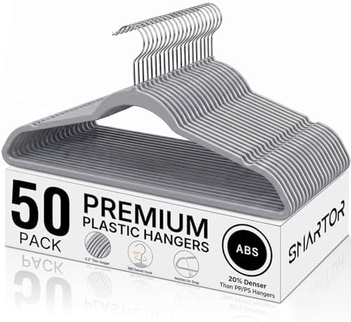 SMARTOR Plastic Hangers 50 Pack, Thin Hangers with 360° Swivel Hook | Non-Velvet Hanger Heavy Duty Clothes Holders for Closet - Durable Adult Hanger, Space Saving Hangars - Gray by Smartor