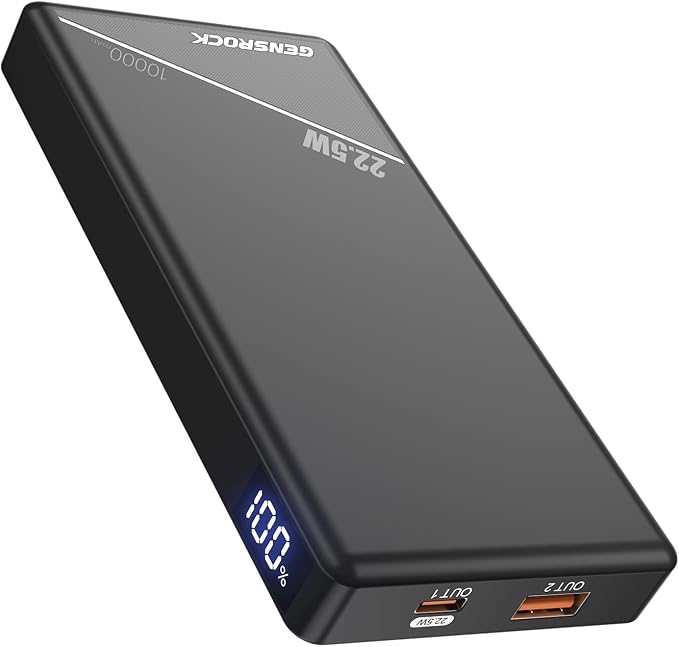 GENSROCK 5V 2A/3A Portable Power Bank 10000mAh, Slim Travel Power Bank | Dual USB | PD 22.5W Fast Charging | LED Display | Slim | Travel | Compatible with iPhone and Android | Flight-Safe | Black by GENSROCK