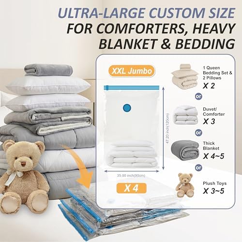 4 XXL Jumbo Vacuum Storage Bags for Bedding, Space Saver with Hand Pump | 47.2" x 35" Extra Large Vacuum Seal Bags for Bedding, Comforters, Blankets & Pillows; 80% Space-Saving Storage for Home - Image 3