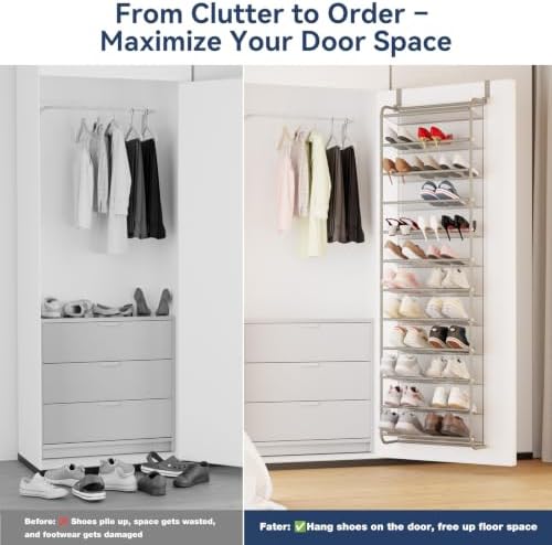 Whitmor 36 Pair Over the Door Shoe Rack,12 Tier Hanging Shoe Organizer with Metal Frame & Mesh Shelves, Heavy Duty Shoe Storage Holder for Door, No Drill Installation, 74" H x 21.7" W x 7.5" D, Mocha - Image 6