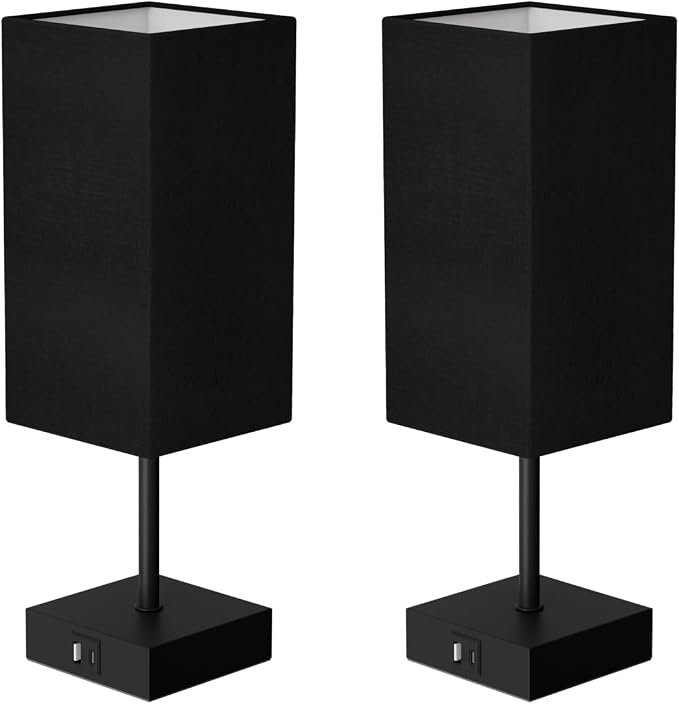 Touch Bedside Table Lamp for Bedroom, 14-Inch, Black, Set of 2 | USB A+C Ports, Touch 3-Way Dimmable LED Bulb Included Fabric Lampshade Metal Base Small Nightstand Lamp for Desk Living Room - Image 8