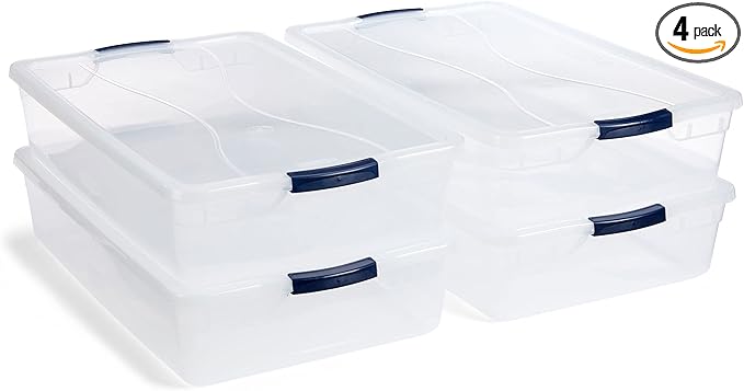 Rubbermaid Cleverstore 42 Quart Stackable Plastic Storage Container Organizer Bin with Latching Lids for Garage, Closet, and Classroom, Clear, 4 Pack by Unknown