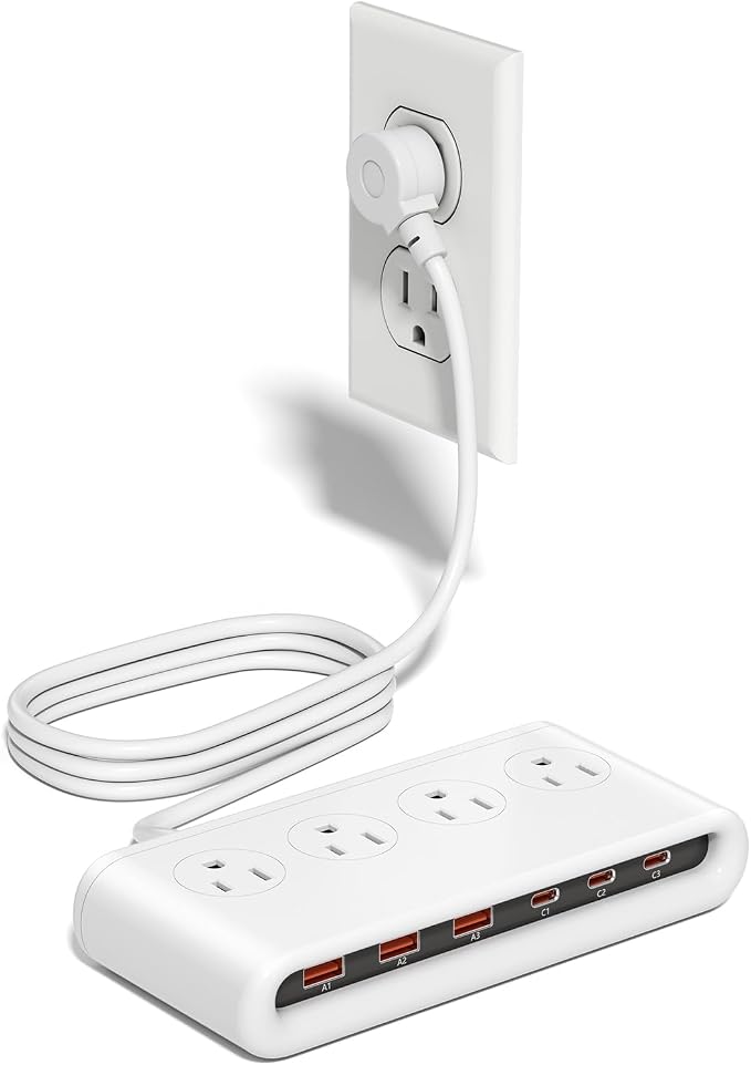 Power Strip with USB C 35W,10-in-1 Flat Plug Wall Charger - 5FT Extension Cord with 4AC, 3 USB A & 3 USB C - PD20W Charging Station for Multiple Devices - Travel Home Office (White) by VPSUN