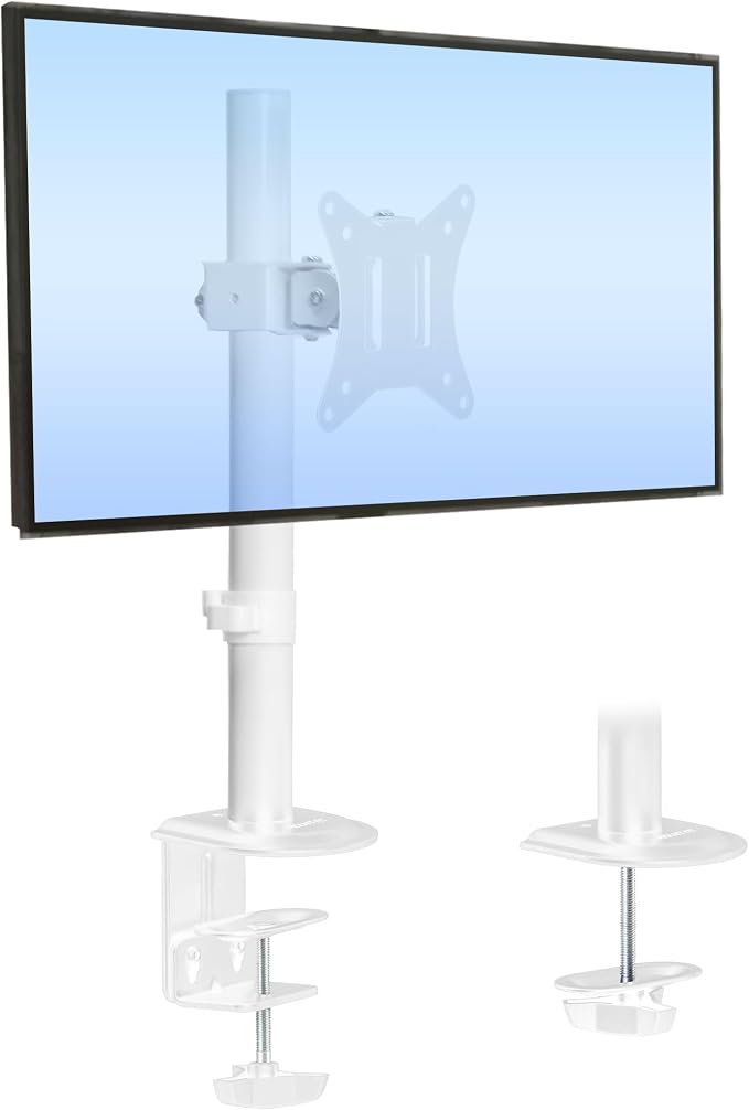 Mount-It! White Single Monitor Stand, Fits up to 32" | Adjustable desk arm holds up to 19.8 lbs, 360 rotation, 160 swivel, 40 tilt, clamp & grommet. by Mount-It