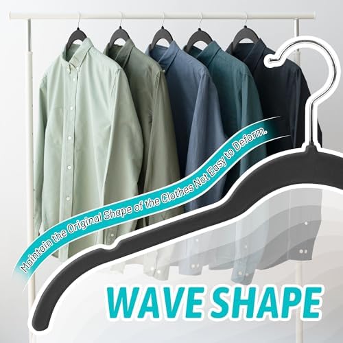 Sishynio Velvet Hangers 50 Pack, Non-Slip Slim Felt Clothes Hangers Black | Space-Saving Closet Organization; Flocked Surface; 360° Swivel Hooks; For Shirts, Coats, Dresses, Blouses - Image 5