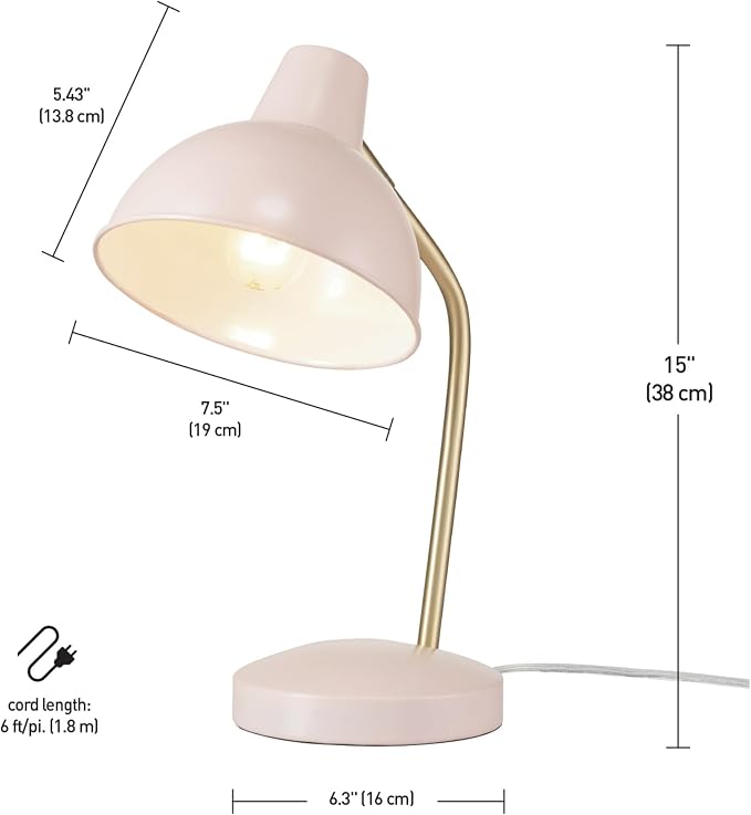 Globe Electric 67339 16 Inch Pink Desk Lamp with Gold Arm, in-Line On/Off Switch, Reading Light, Ideal for Bedroom, Dorm and Office - Image 7