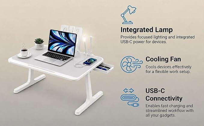 USB-C LED Light Foldable Lap Desk with LED Lamp, Cooling Fan & Book Stand — Portable Bed Laptop Table with Side Drawer, Phone & Tablet Holder, Fast Charging Port - Image 7