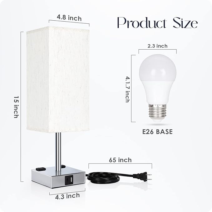 Bedside Lamp with USB Ports - Touch Control Table Lamp for Bedroom with USB C+A Charging Ports & AC Outlets, 3 Way Dimmable Nightstand Light for Living Room (LED Bulb Included, Chrome - Flaxen) - Image 7