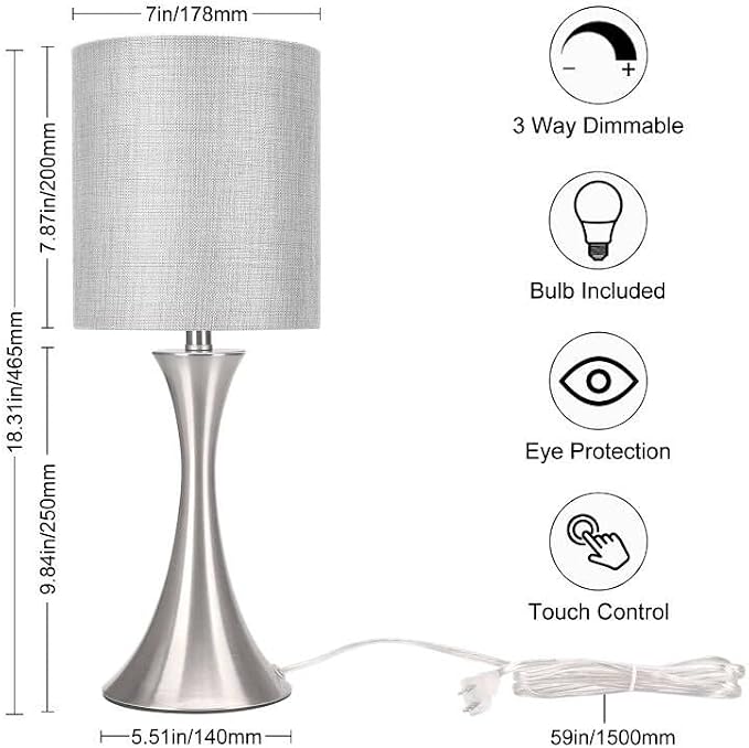 3 Way Touch Control Table Lamp, Dimmable Bedside Desk Lamp with Metal Base Modern Nightstand Lamp Stylish Grey Shade Simple Side Table Lamp for Bedroom, Living Room, Office or Den LED Bulb Included - Image 4