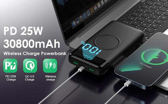 Wireless Portable Charger 30800mAh,15W Wireless Charging USB C Power Bank,25W PD QC 4.0 Fast Charging 4 Outputs Travel Essentials Battery Pack Compatible with iPhone 17/16/15/14/13/12,Galaxy,Android - Image 7