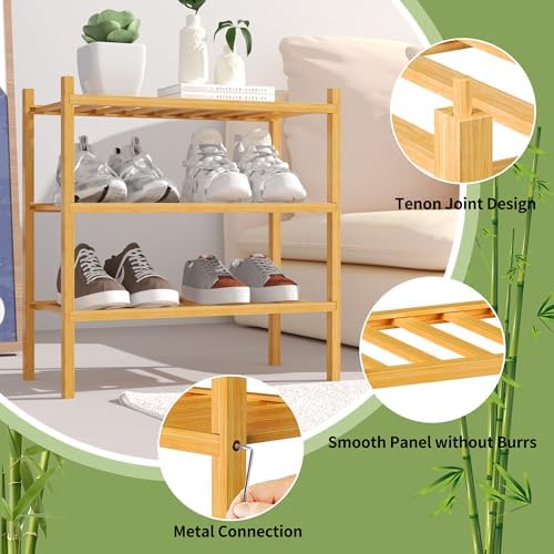 ROMGUAR CRAFT 3-Tier Bamboo Small Shoe Rack, Free Standing Wood Shoe Shelf Storage Organizer for Closet Entryway Stackable (Natural) - Image 5