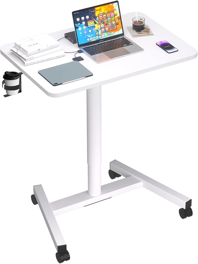 28-Inch Mobile Standing Desk, Computer Workstations with Cup Holder, Portable Standing Desk with Lockable Wheels, Rolling Table for Home Office Classroom Hospital (Snow-White, Steel Classic) by MPETAPT
