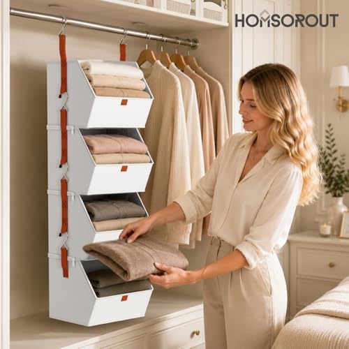 Homsorout Collapsible Hanging Closet Organizer - 3 Tier Closet Shelves Storage System with Hooks, Fabric Hanging Storage Bins for Clothes, Foldable Storage Basket for Laundry, Bedroom, Rv, White - Image 4