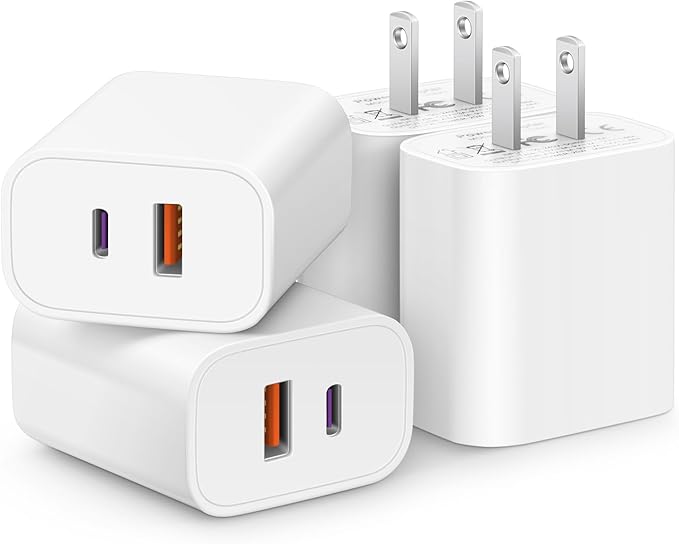 [4 Pack] 20W USB C Charger Block Fast Charging Multiport Adapter | PD 20W USB-C & QC 3.0 USB-A dual ports, compact travel charger for iPhone 17/16/15/14/13/12/11/X, iPad, Galaxy, Google & more by CXX