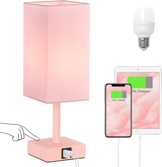 Touch Table Lamp for Bedroom - Dimmable, USB C+A, Pink Lamphade Pink Base | 3-Way Dimmable, 3000K LED Bulb Included, Square Lampshade, Cute Room Decor for Teen Girls, Kids, Small Lamp for Dorm, Nursery by Ambimall