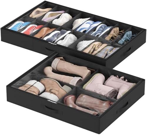 Lifewit Under Bed Shoe Storage Organizer 1 Pack(16 Shoes Cells+4 Boots Cells), 4.3 Inches Profile Fabric Shoes Container Box with Clear Cover, Foldable Storage Bag with 2 Handles, Fits 12 to 20 Pairs by Lifewit