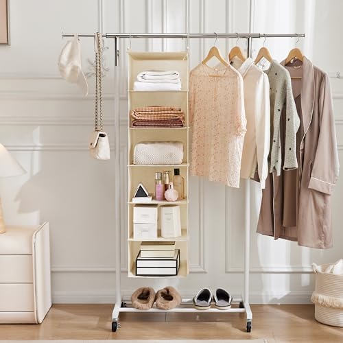 MAX Houser 6 Tier Shelf Hanging Closet Organizer with 2 Hooks, Beige | foldable lightweight fabric closet storage, space-saving design for Bedroom, Closet Hanging Shelf for Storage - Image 4