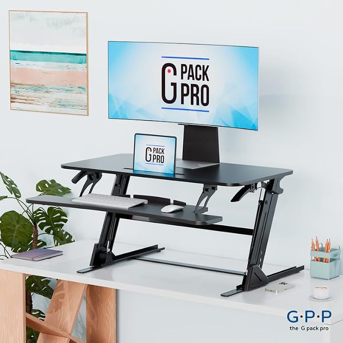 Standing Desk Converter 38 Inch, Height Adjustable to 17.3 Inches | Dual Monitor Work Surface With Keyboard Tray, Steel Frame, and Smooth Manual Lift for Home Office Setups - Image 2