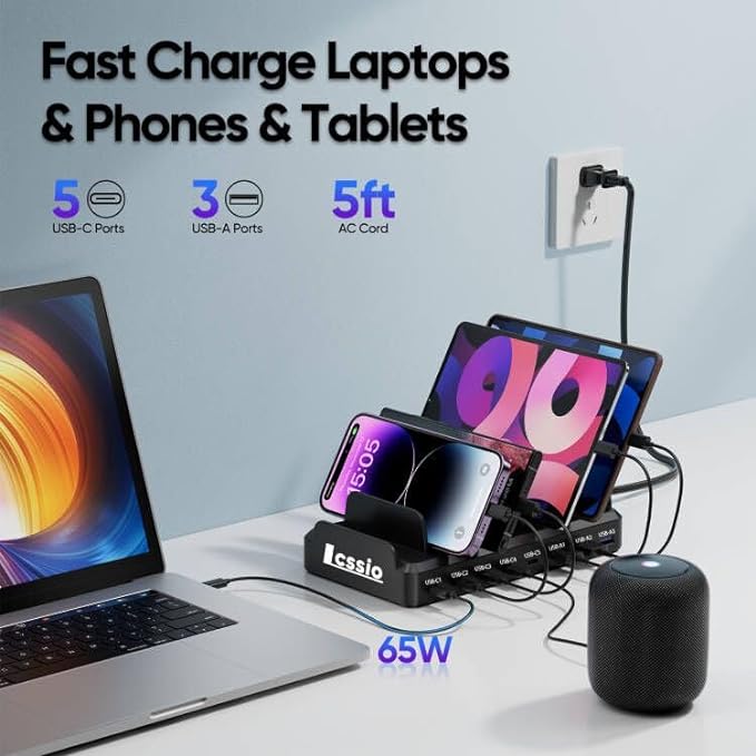 Lcssio 300W Charging Station for Multiple Devices, 8 Port Fast Charger | Fast Charging, Safety Certified, Compact Design, Organized Charging, Multiple Devices at Once, With 6 Cables - Image 2