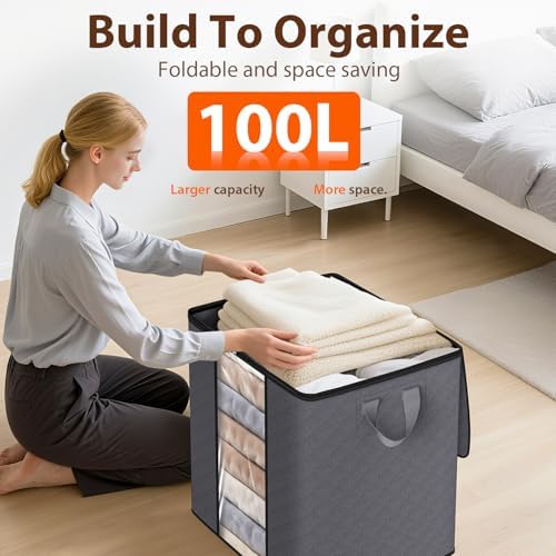 SpaceWhisper 4 Pack 100L Clothes Storage, Foldable Storage Bags, Grey | Thick Fabric, Clear Window, with Reinforced Handle, for Clothing, Blanket, Comforters, Bedding Organizing - Image 5
