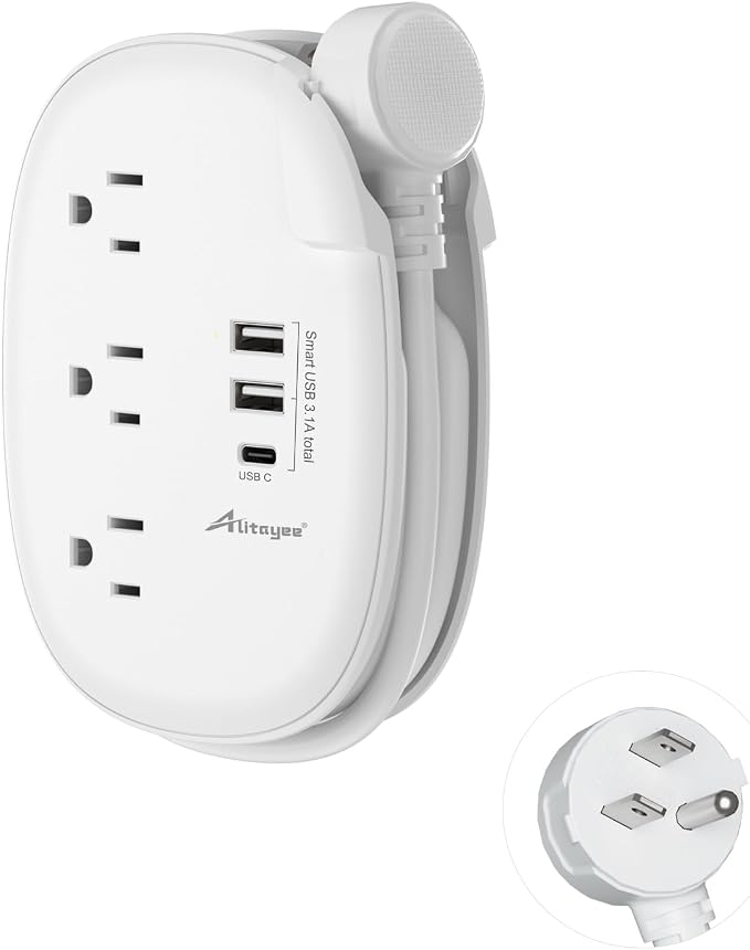 Alitayee USB C Travel Power Strip,3 Outlets 3 USB Ports,4ft Extension Cord | 3 USB Ports,Portable Power Strip,4ft Wrapped Around Extension Cord,Flat Plug,No Surge Protector,For Cruise Travel Home Office by Alitayee