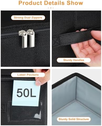 punemi 50L Under Bed Storage Containers with Zipper Lid, 3Pack, Black | Sturdy Sides and Bottom wieh Ultra-Thick Fabric and 3 Handles, Foldable Design, for Blanket & Shoe Storage, Clothes Organizer - Image 6