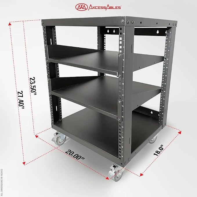 AxcessAbles 12U Open Frame Network Rack with Locking Caster Wheels - 440lb Capacity, 18" Depth | 19-Inch Open Server Rack, Two 2U Shelves, 10-32 Screws & Cage Nut Rails, Cage Nut Tool & Wall Kit - Image 6