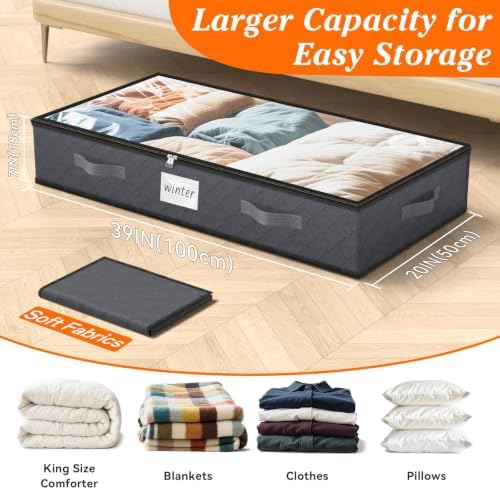90L Under Bed Storage Containers, Storage Bags, Organizers, 8-Pack, Gray | Foldable, Soft Fabric, Closet Organizers, Reinforced Handle, Label Holder, Clear Window, for Comforters, Clothing, Blankets - Image 2