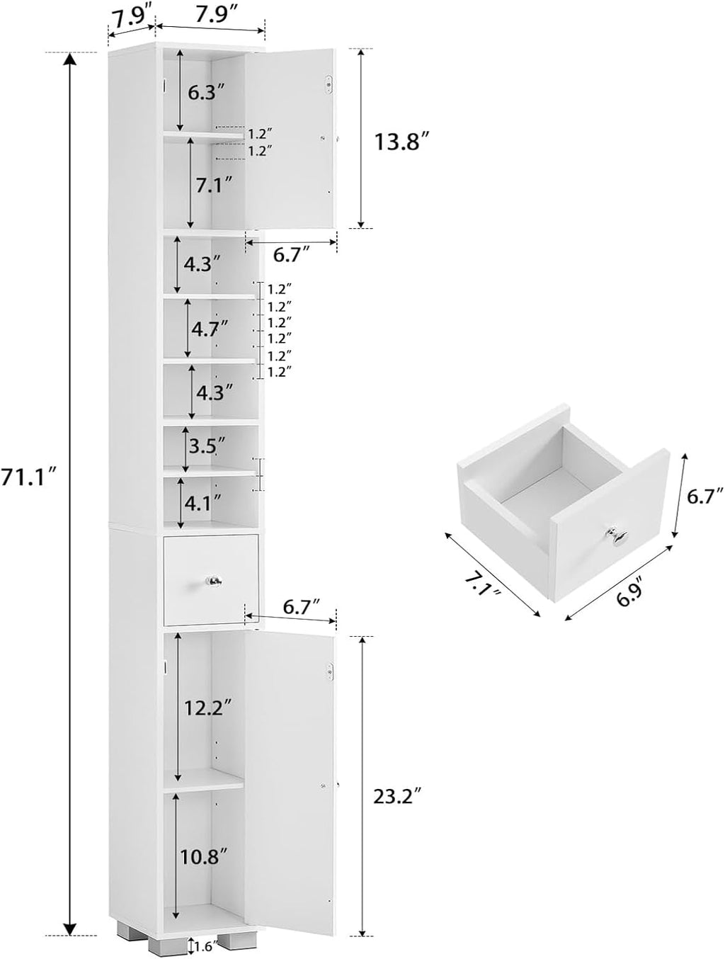 Bathroom Cabinet, Narrow Bathroom Storage Cabinet with 5 Adjustable Shelves & Drawer, Freestanding Cupboard for Small Spaces, White - Image 3