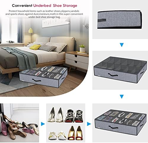 Onlyeasy Large Under Bed Shoe Organizer (6 to 12 Pairs x 2) - Underbed Shoes Closet Storage Solution with Metal Zipper and 2 Handles, Breathable, 29.3"x23.6"x5.9", Linen-like Grey, MXDUBSB2P - Image 5