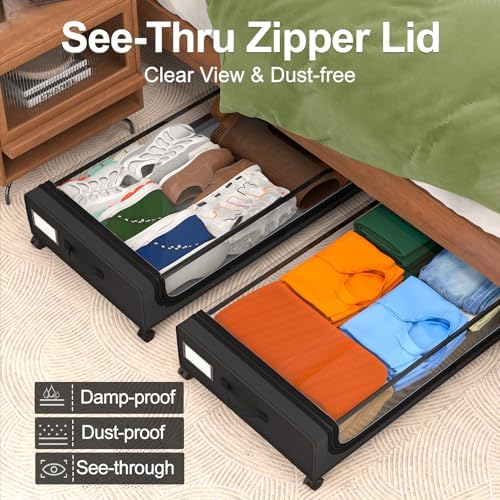 GoMaihe Under Bed Storage with Wheels 48L Black 2-Pack | Rolling Rangement Vetement sous le Lit - Containers for Clothes Shoes in Bedroom - Easy Pull-out - Image 4