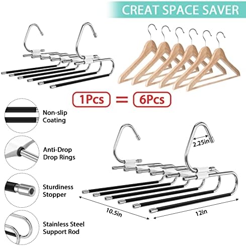Upgrade 6 Layers Pants Hangers Space Saving, 2Pack Stainless Steel Multifunctional Rack Non Slip S-Type Clothes Jean Hanger Closet Organizer for Jeans Leggings Trousers Skirts Scarf, White | Metal Space Saving Hangers Multi-Layer Multifunctional Closet... - Image 5