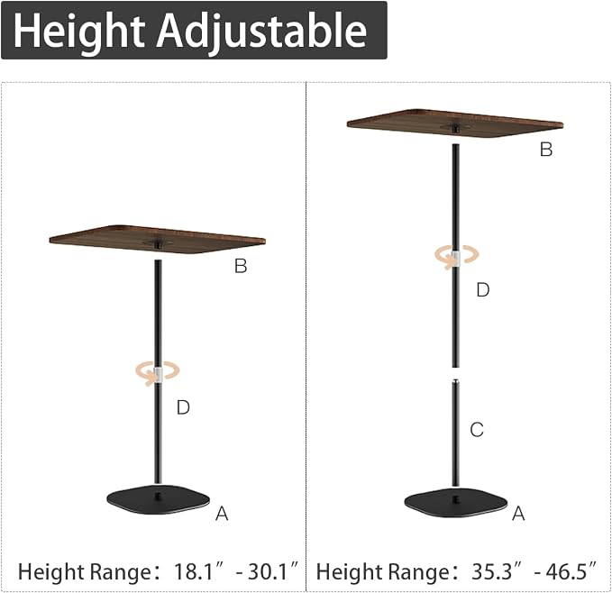 Small Laptop Standing Desk, Adjustable Height Pedestal End Table with Wooden Top, Portable Tall Side Table Workstation, Sit-Stand Desks for Bedside,Sofa,Couch, Living Room, Bedroom, Home Office, Brown - Image 6