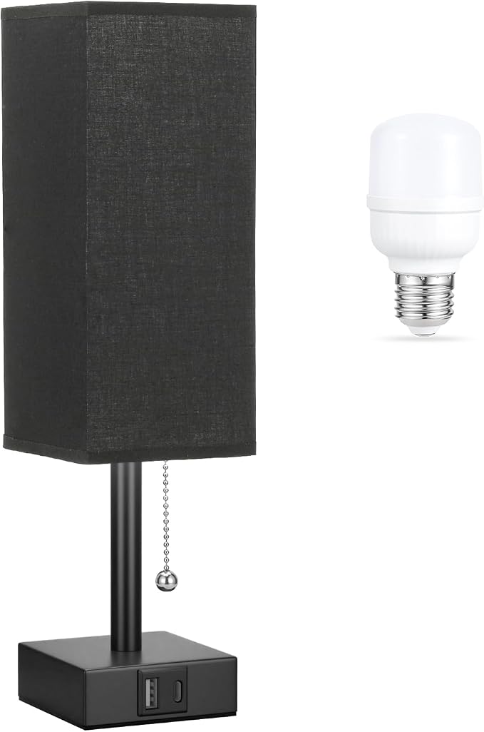 Black Bedside Table Lamp for Bedroom - Desk Lamp For Nightstand, USB C+A | Pull Chain Lamp, 3 Color Modes(3000K/4000K/5000K), E26 LED Bulb Included, Square Black Fabric Lampshade, for Read, Work, Dorm - Image 7
