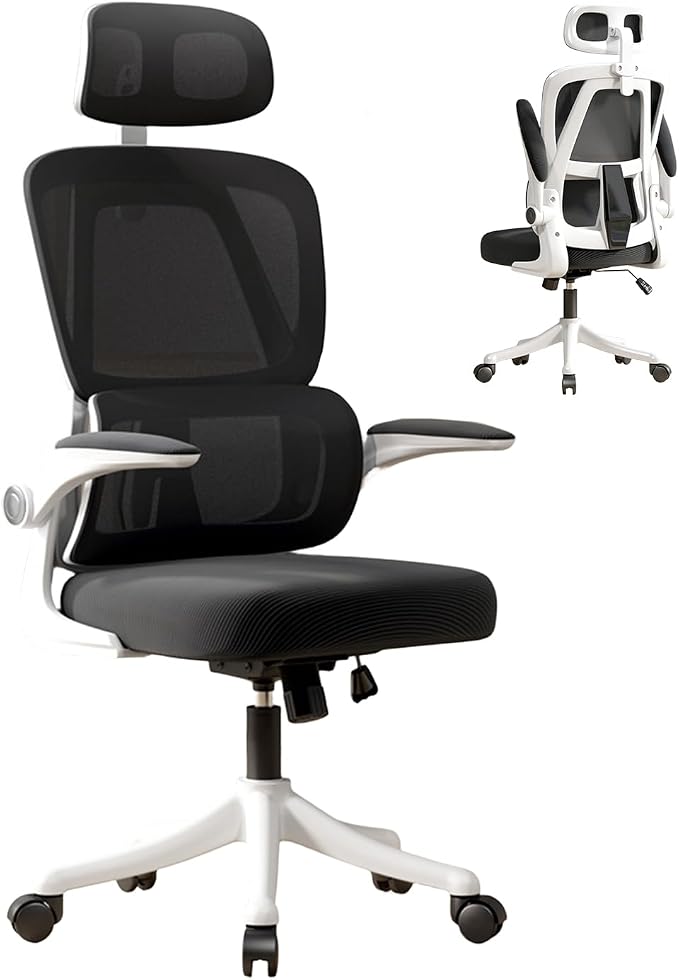 Ergonomic Office Chair with Dynamic Lumbar Support & Adjustable Headrest – High Back Desk Chair with 90° Flip-up Arms, Comfort Mesh Computer Chair for Home Office Long Hours Sitting,Black by Unknown