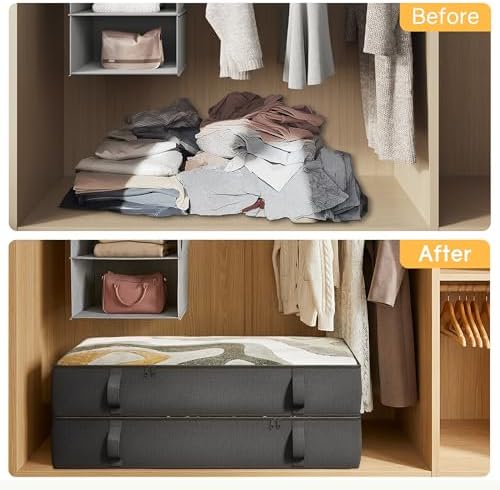 2-Pack Under Bed Storage Containers, 8 Inches Tall Clothes Storage, Black | Large Capacity Collapsible Underbed Organizer with Sturdy Sidewalls/Bottom, Cotton Linen Bins, For Seasonal Clothes & Bedding - Image 5