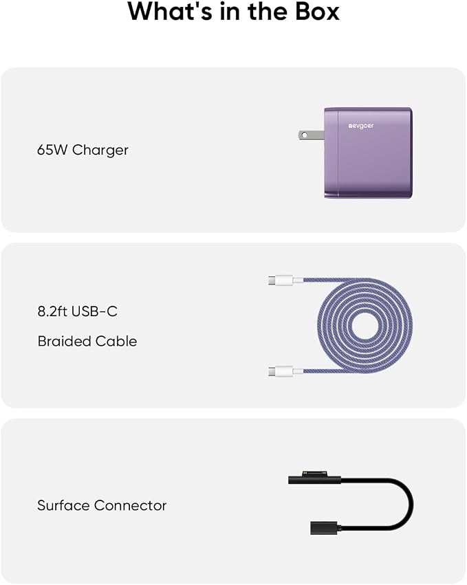 Surface Pro Charger, 65W Microsoft Surface Charger for 12/11/10/9/8/7/6/5/4/3/X, Compatible with Both Microsoft Book/Laptop/Tablet and All USB-C Deviece (Purple) - Image 8