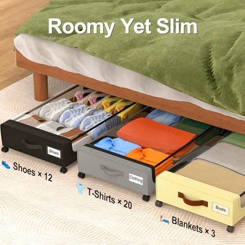 GoMaihe Under Bed Storage with Wheels: 48L Underbed Storage Containers with Lids - Rolling Bins for Shoes Clothes in Dorm Bedroom - Metal Drawers Easy Pull-out Grey 4-Pack - Image 5