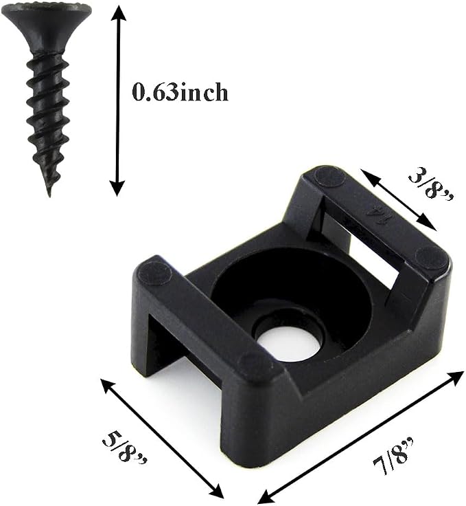 HS Saddle Type Cable Zip Tie Mounts Base Kit with Screw Hole,Set Strong 6 Inch Nylon Cable Ties and Screws Each 100 PCS,Wire Clips Anchor Management Fastener for Baseborad,Wall or Desk,Black - Image 2