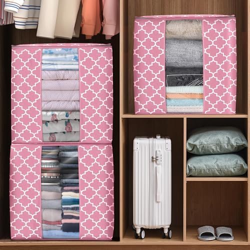 Storage Bags 3 Pack 100L Clothes Organization and Storage Containers | Large Blanket for Comforters,Bedding, Foldable Organizer with Reinforced Handle, Clear Window, Sturdy Zippers, Pink - Image 6