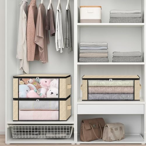 HomeHacks 3-Pack Clothes Organizer Storage Bags, 35L Storage Bins, Beige | Foldable Storage Box Container with Zippers, Clear Window, Reinforced Handles for Closet, Dorm, Pillows, Bedding, Sweater - Image 6