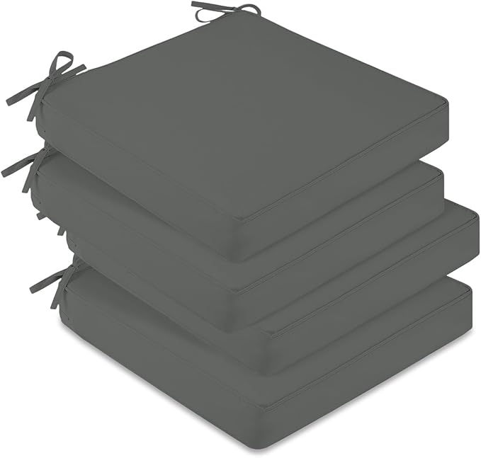downluxe Waterproof Outdoor Chair Cushions Set of 4, 19" x 19" x 3" Patio Chair Cushion with Non-Slip Ties & Handle, Square Outdoor Cushion for Patio Furniture with Removable Cover, Dark Grey by Downluxe